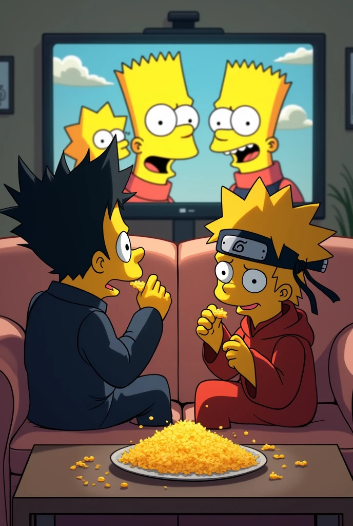 Yasuo and Naruto, sitting on the couch eating grated cheese and watching the simpsons making cheese