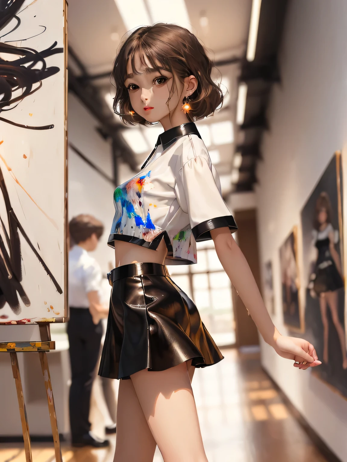 ((Top Quality, 8k, Masterpiece: 1.3)), Sharp Focus: 1.2, Perfect Body Shape Pretty Woman: 1.4, Slender Abs: 1.2, Detailed Eyes, Double Eyelids,real、long legs、full、feminine、white shirt、mini skirt、high heels,very delicate face,rムラムラする女の子、(dark brown eyes:1.2),1 girl、long legs,Silver Hair、Dark brown eyes、Shining Eyes、Crop top、mini skirt、Parted lips、1woman wearing trendy clothes, in an abstract oil painting style, fashion show, The painting is ultra-high detailed and has a resolution of 8k, showcasing the best quality,creating a mysterious atmosphere , luminous design, vivit colours,spring lights,Artistic,azure, red, (Bare legs:1.1), (black high heels), black short skirt