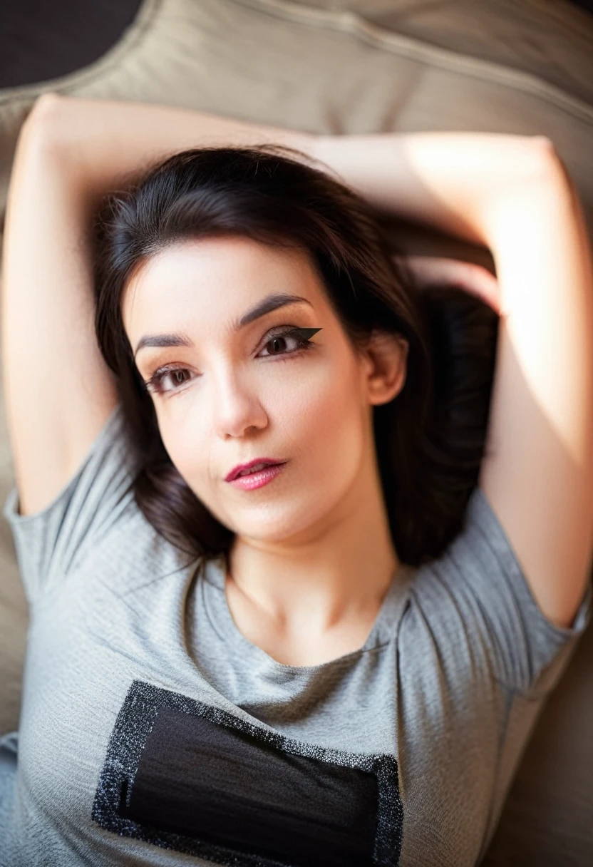 solo focus, a beautiful woman lying on her back loose t-shirt, perfect cute face, dark hair, looking at viewer, seductive, sexy pose, dramatic lighting, desaturated background, bokeh, dark theme, soothing tones, depth of field, dramatic backlighting, film grain
