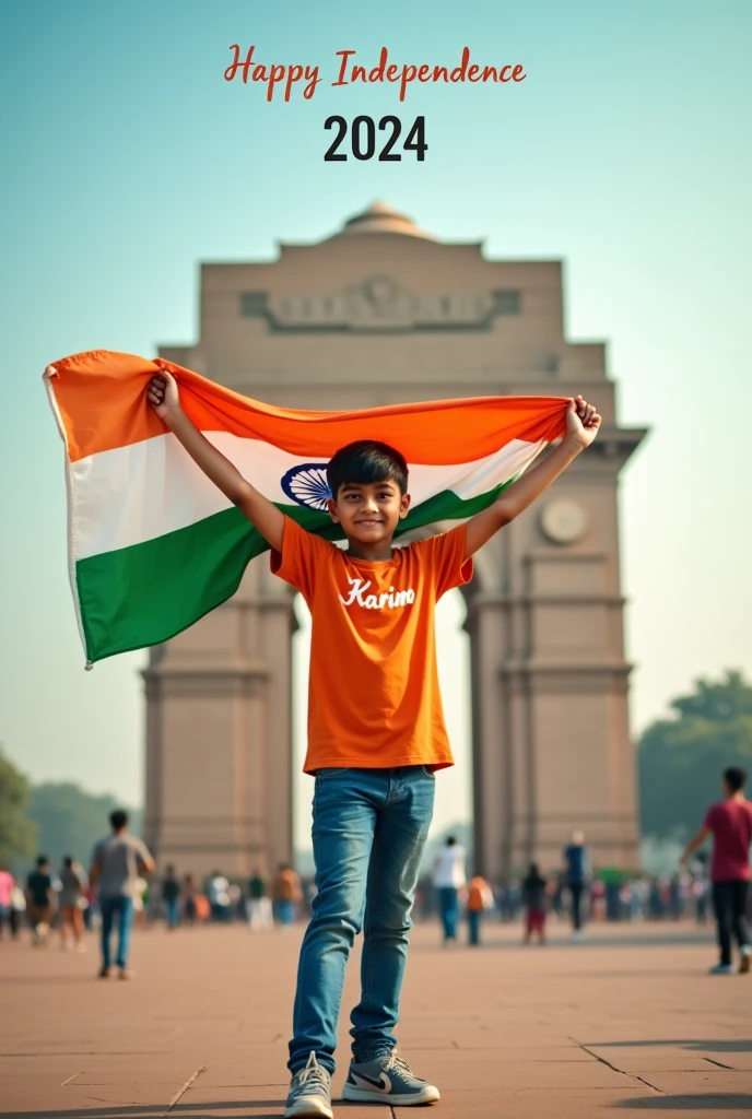 A real 20 years old boy, Wearing Orange T shirt blue jeans sneakers and the name "karim" is written on his t-shirt and the boy is standing on the road with holding a national flag of India, and behind him is the India gate Delhi. And "Happy Independence Day 2024" written at above sky Create Realistic image high quality