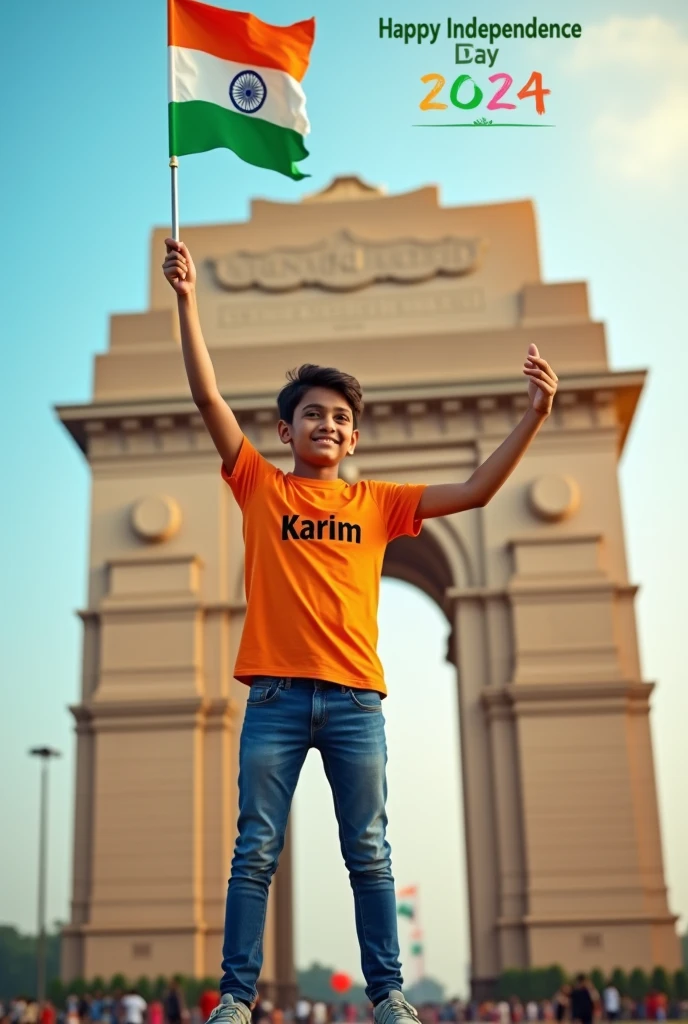 A real 5 years old ???. Wearing maroon T shirt blue jeans sneakers and the name "Azain" is written on his t-shirt and the boy is standing on the road with holding a national flag of India, and behind him is the India gate Delhi cover with flag of india.Create Realistic image high quality