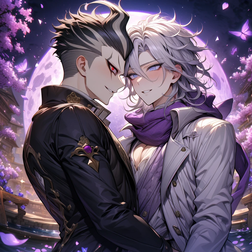 absurdres, highres, ultra detailed, HDR, master piece, best quality, extremely detailed, Tanaka Gundham, black hair, expressive red eyes, Danganronpa, Krozerus, white hair, messy hair, expressive blue eyes, two sexy men together, yaoi, gay couple, handsome, handsome smile, purple scarf, black coat, white T-shirt, white coat, magical, shining, purple flowers, blossoms, water, purple petals, purple butterflies, sparkling, purple moon, starry sky