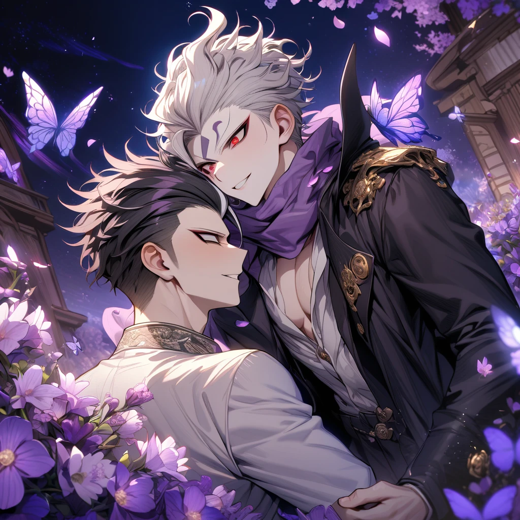 absurdres, highres, ultra detailed, HDR, master piece, best quality, extremely detailed, Tanaka Gundham, black hair, expressive red eyes, Danganronpa, Krozerus, white hair, messy hair, expressive blue eyes, two sexy men together, yaoi, gay couple, handsome, handsome smile, purple scarf, black coat, white T-shirt, white coat, magical, shining, purple flowers, blossoms, water, purple petals, purple butterflies, sparkling, purple moon, starry sky