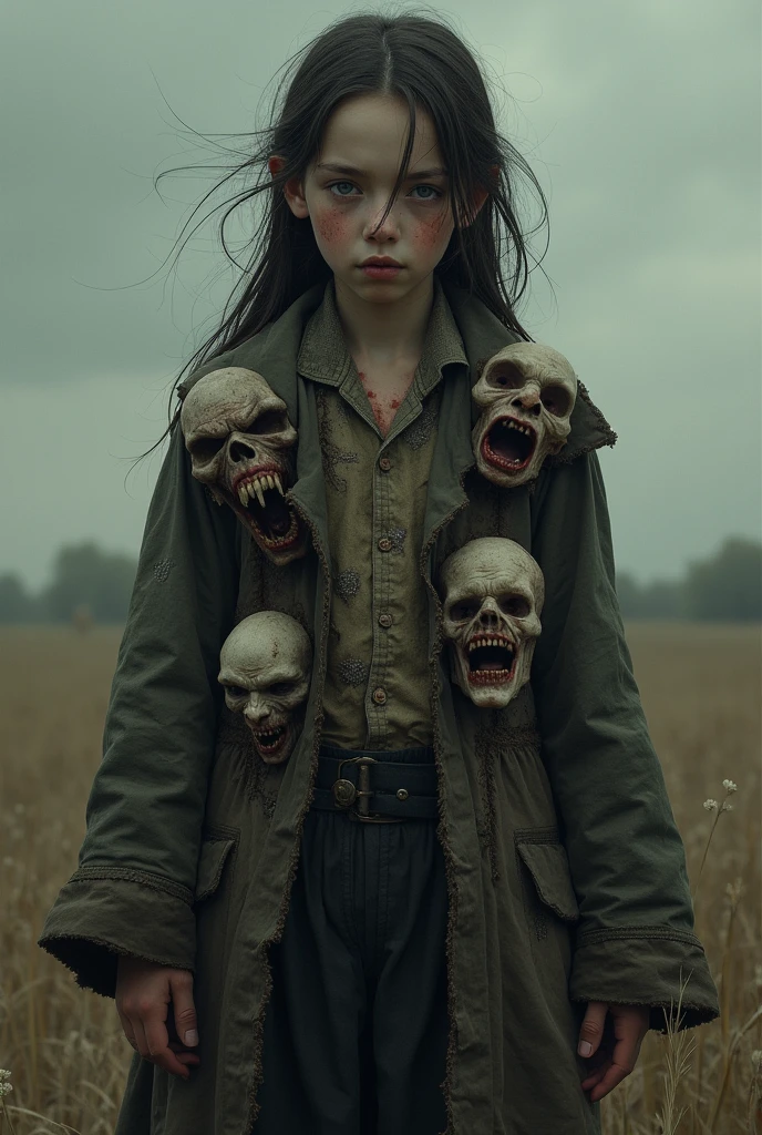 a girl, peasant, with a coat made of people's faces screaming