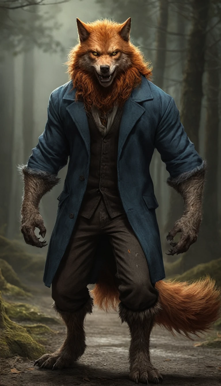 A full body digital painting of a ginger werewolf. The werewolf is wearing clothes that werewolves typically wear. Paint the scene in a realistic style with earth tone colors. Emphasize the werewolf's powerful physique and piercing eyes. Focus on the symbolism of the werewolf as a symbol of strength and power.