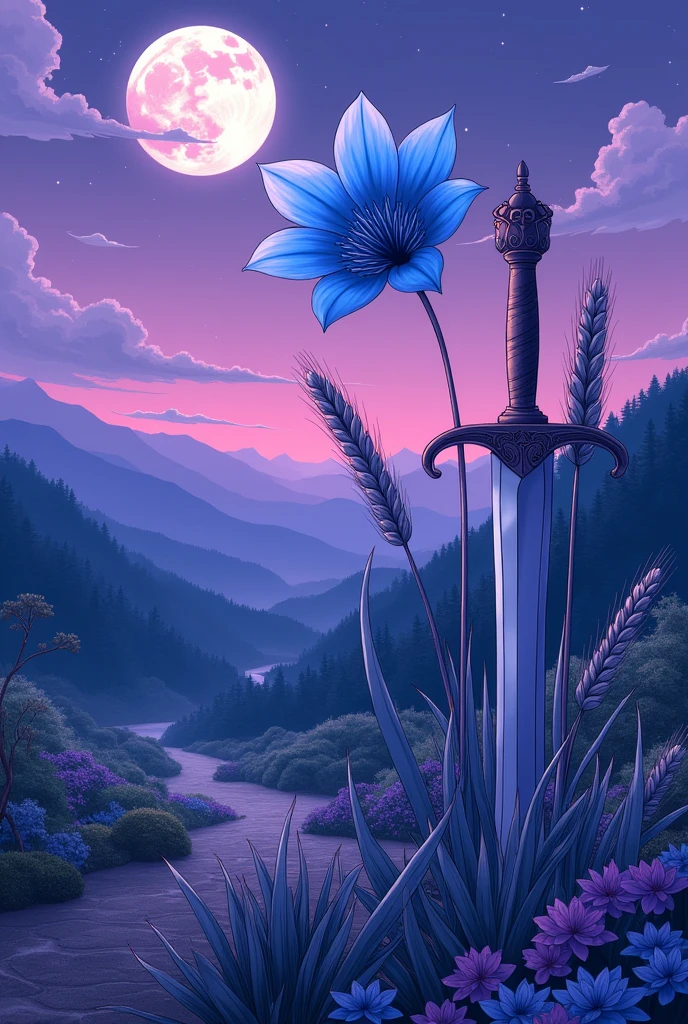 You could create an image that is a Japanese landscape, in violet tones, that includes, the blue moonflower from the anime Frieren, The wheat and the dagger from the anime Vinland Saga, the hat of the one piece character and some allusion to the manga vagabond?