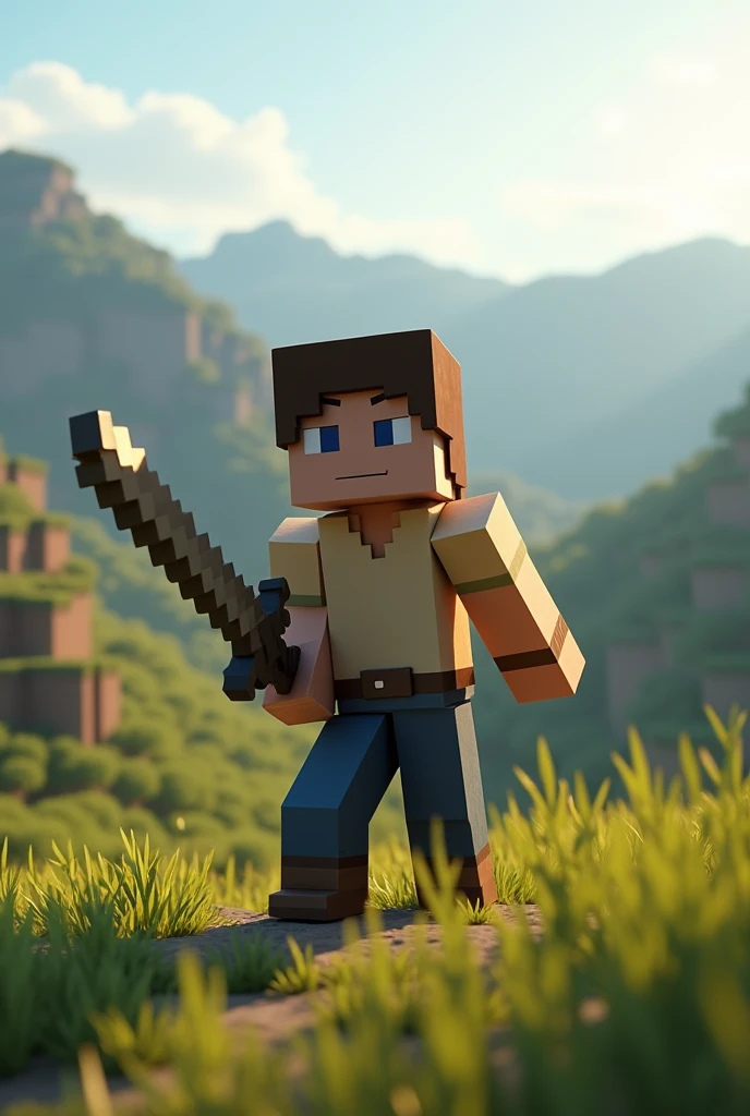 Minecraft man holding a sword and looking at the landscape