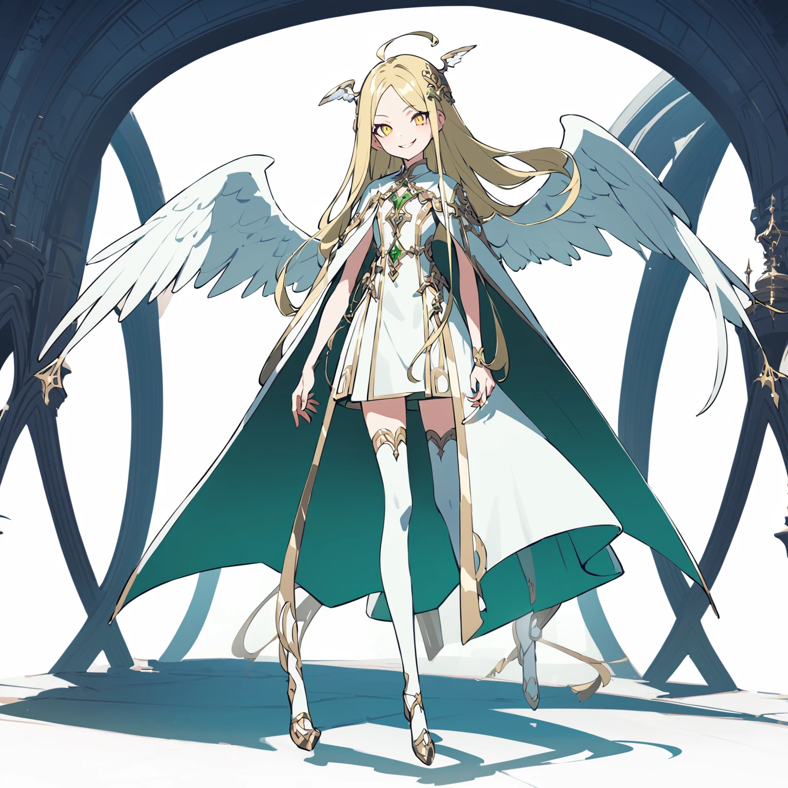 cathedral background,full body,whole body,slender,thin legs,Greenish-yellow hair，Yellow-green pupils，White clothes with green and yellow are embellished with gold and silver ornaments，She is a natural cute girl,((evil smile)),white thighhigh boots,full body,long hair,white angel wings,whole body,evil smile,