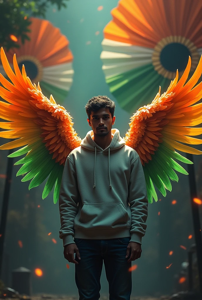 In which a person is wearing a hoodie and standing in front of big, colorful fans. The wings are in the colors of the Indian tricolor, and have the name "SARVESH YADAV" written above. This depiction reflects a sense of confidence, independence, and identity.