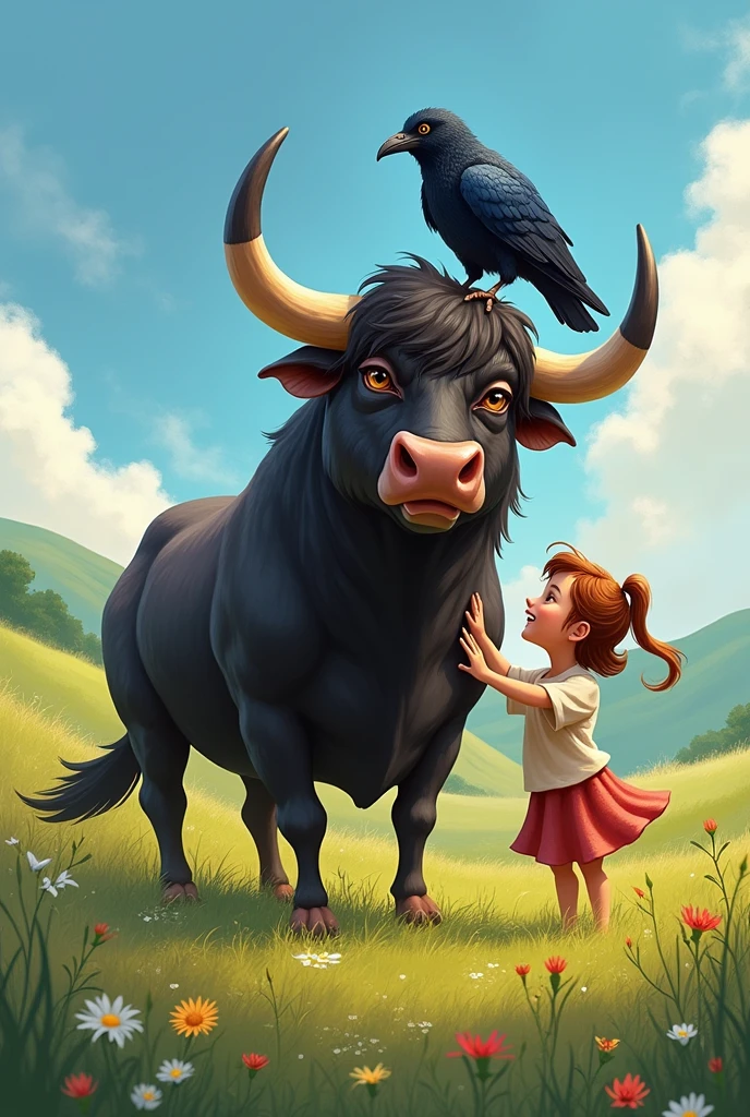 Create an image about a bull, a crow and a seven-year-old girl, all three being friends.
