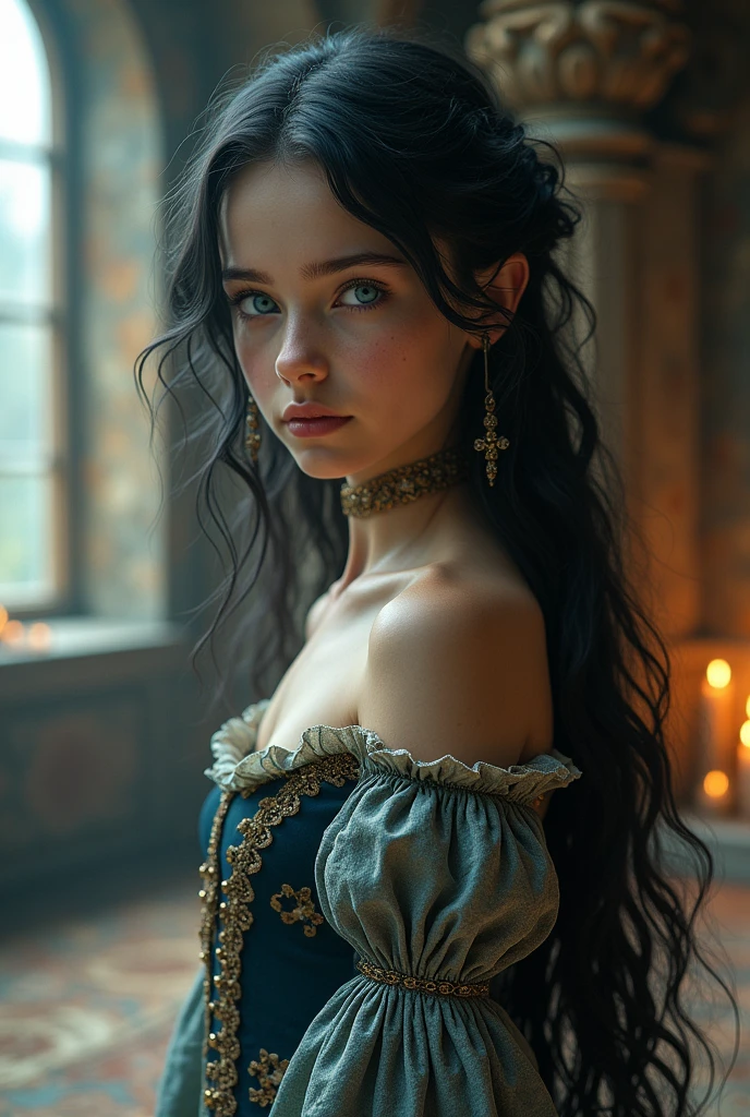 Young girl with black hair and ice blue eyes wearing medieval clothes 