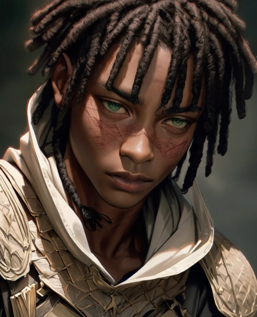 Visable burn scars, hood down, burns going from neck to lower face, masterpiece, best quality, realistic, african man, dark skin, black man, african american, african features, 1man, disfigured, 21 years old, eyes visable, fit, looking worn down, kevlar armor (like swat), dreadlocks, intimidating, warrior, green eyes
