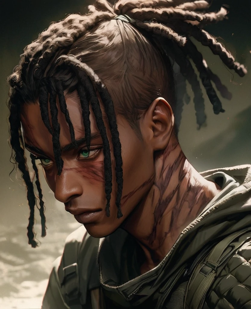 Visable burn scars, hood down, burns going from neck to lower face, masterpiece, best quality, realistic, african man, dark skin, black man, african american, african features, 1man, disfigured, 21 years old, eyes visable, fit, looking worn down, kevlar armor (like swat), dreadlocks, intimidating, warrior, green eyes