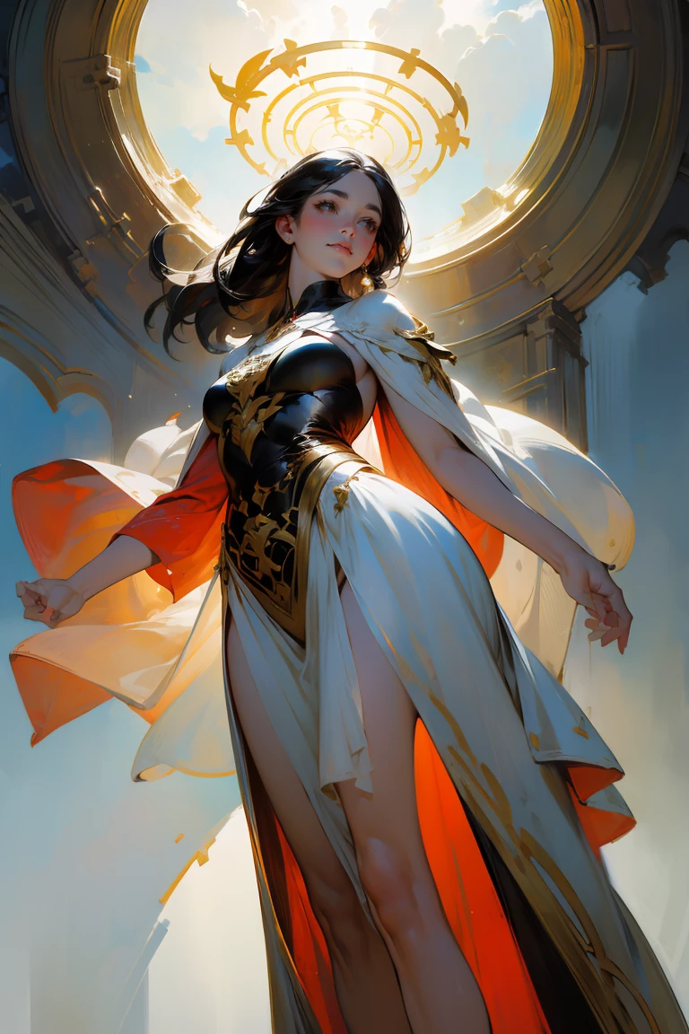 A girl in a garden, beautiful detailed eyes, beautiful detailed lips, extremely detailed eyes and face, long eyelashes, mature woman's face, solo, epic, looking up at the camera, from below, ultra-wide angle, halo, feeling of nature, looking up, complex background, complex details, warm color tone, warm lighting, fairy, long robe, white fabric texture, secluded, black hair, long white hair, serene expression, red color scheme, bare legs, flowing, long dress, gold helmet, holy, wallpaper, (best quality,4k,8k,highres,masterpiece:1.2),ultra-detailed,(realistic,photorealistic,photo-realistic:1.37)
