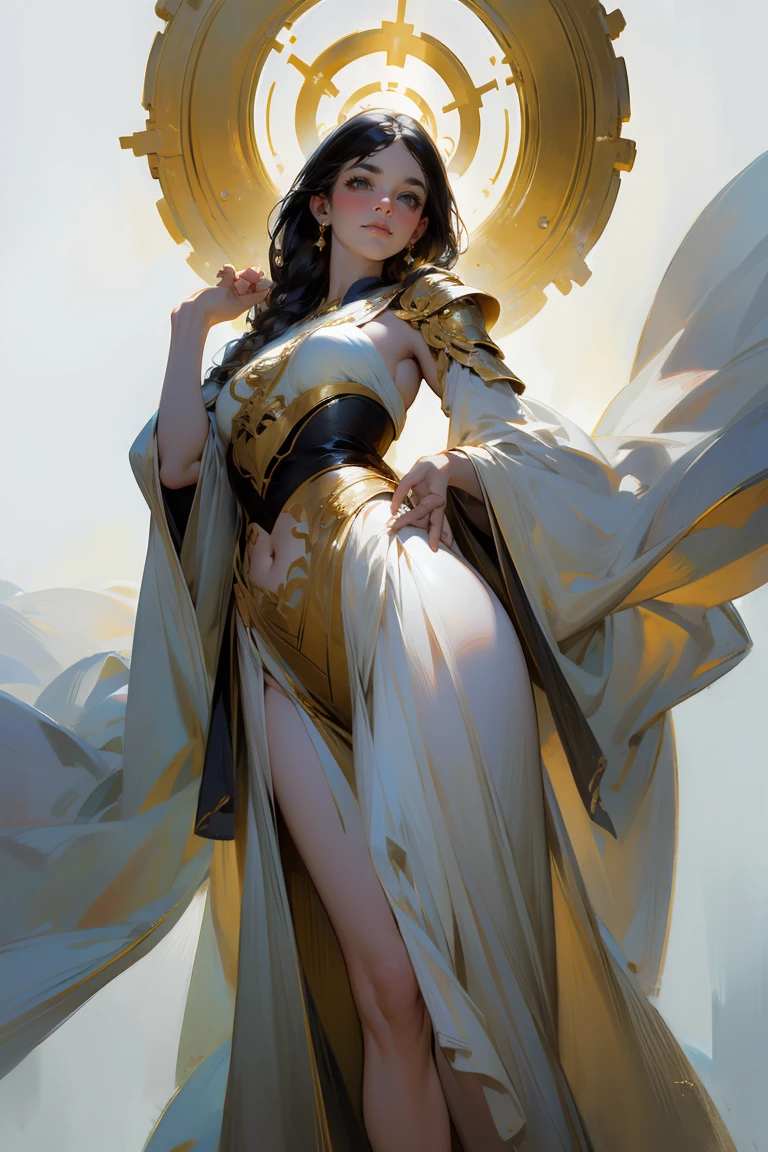 Woman from the front, he is not wearing clothes, perfect body, medium tits, Wide hips, rigid, straight, arms outstretched