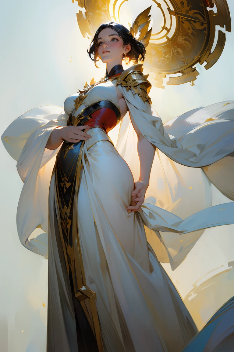 A girl in a garden, beautiful detailed eyes, beautiful detailed lips, extremely detailed eyes and face, long eyelashes, mature woman's face, solo, epic, looking up at the camera, from below, ultra-wide angle, halo, feeling of nature, looking up, complex background, complex details, warm color tone, warm lighting, fairy, long robe, white fabric texture, secluded, black hair, long white hair, serene expression, red color scheme, bare legs, flowing, long dress, gold helmet, holy, wallpaper, (best quality,4k,8k,highres,masterpiece:1.2),ultra-detailed,(realistic,photorealistic,photo-realistic:1.37)