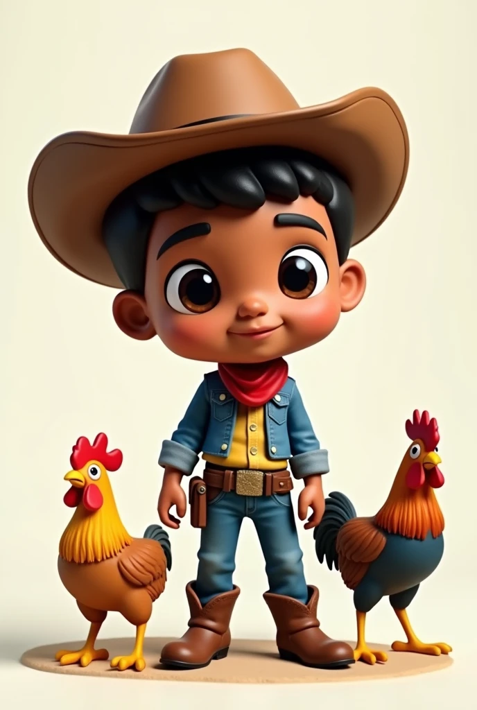 Funko, adolescent, with cowboy hat, with Chinese, blue jeans,denim shirt,
 brown skin, boots and pet roosters
