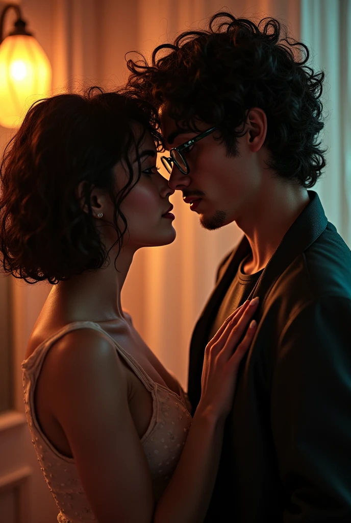 Short curly hair girl, Dark brown color, light brown eyes, short, skinny, next to a boy, dark brown curly hair, green eyes, with glasses, tall, in a possessive and sexy environment