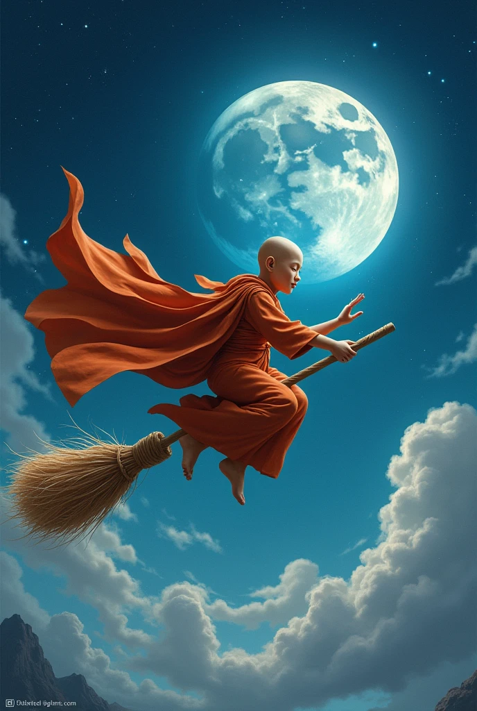 masterpiece, best quality, ultra-detailed, illustration, buddhist monk, solo, fantasy, flying, broom, night sky, outdoors, magic, spells, moon, stars, clouds, wind, cape, broomstick, glowing, mysterious, enchanting, whimsical, playful, adventurous, , wonder, imagination, determination, skill, speed, movement, energy, realism, naturalistic, figurative, representational, beauty, fantasy culture, mythology, fairy tales, folklore, legends, witches, wizards, magical creatures, fantasy worlds, composition, scale, foreground, middle ground, background, perspective, light, color, texture, detail, beauty, wonder.
