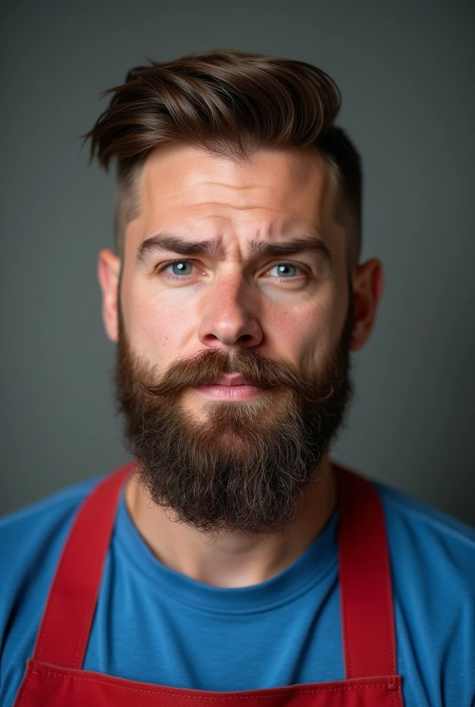 American male in his late 30s, brown hair, Hair of moderate length, lifted upwards, Side hair is shaved short, The moustache is long and covers the sides.. The beard is round and bushy., The chin is long and opens very widely to the sides., The ears protrude in a triangular shape to the sides., The eyebrows are dark, thick and straight., deep eyes, good impression, serious expression, A wrinkle forms between the eyebrows, Wide nose, The nose is slightly red overall., The earlobes are also slightly red, Protruding cheekbones, The face is slightly sunken due to lack of cheek fat, Mouth wide open from side to side, The pupils are blue, Very big and broad shoulders., Neck is thicker than face, Heart full of strength, He wore a blue short-sleeved shirt., Wearing red overalls,