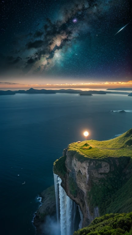 Fantasy、Different world、starry skies、Three moons、Two Saturns、shooting star、milky way、colorful clouds、Different world、The ocean spreads out、Big waterfall、Countless islands floating in the sky、Vast views、Wide-angle lens、Composition looking down from a high hill. Realistic blurry background. 4K Full HD 60 FPS、Realistic Lighting