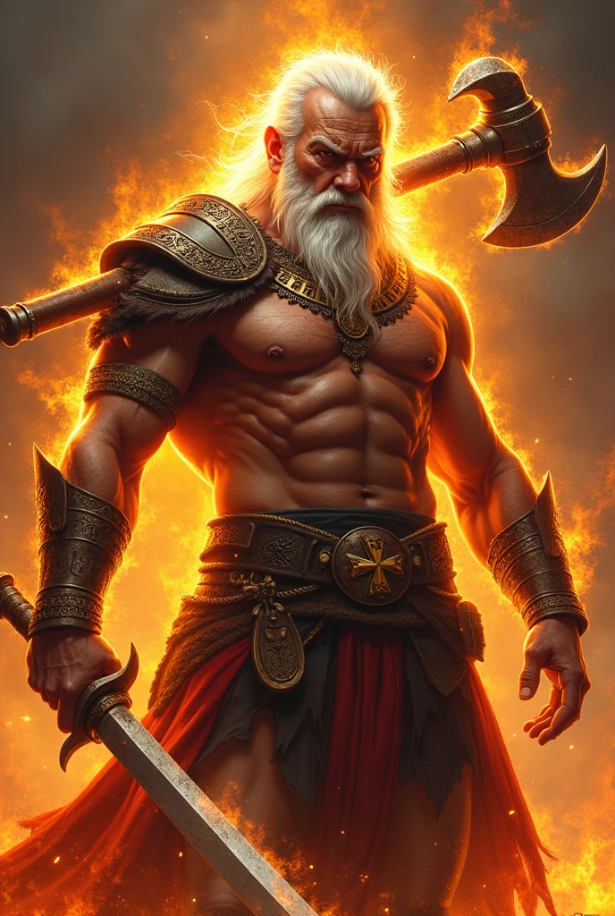 Muscular old man with glowing veins and flaming hair, with powers of the sun wielding a giant axe on his shoulder and a dagger in Mitcan war attire