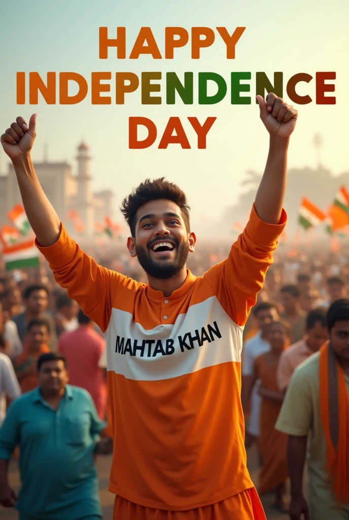 A real 20-year-old boy joyfully celebrates Indian Independence Day. He is wearing traditional Indian outfits with the name "MAHTAB KHAN" written on his attire. Above him, in the sky, the words "Happy Independence Day" are displayed in a bold font. The backdrop is filled with people celebrating, enhancing the festive and patriotic spirit of the day.
