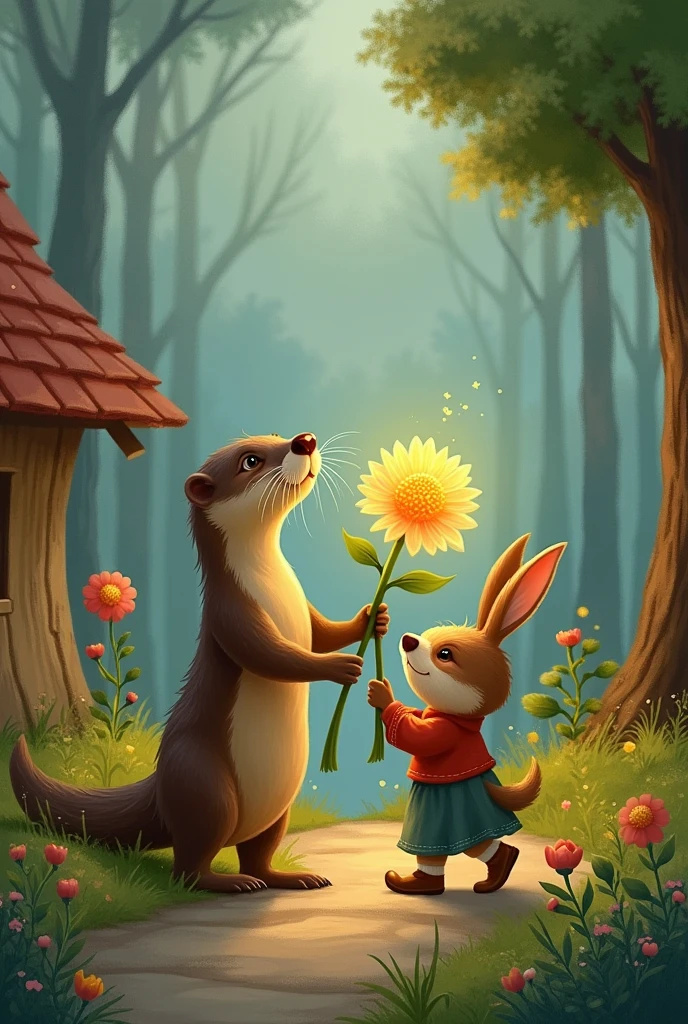 An Otter and a Hamter carrying the flower to the little house, with the flower shining brightly.