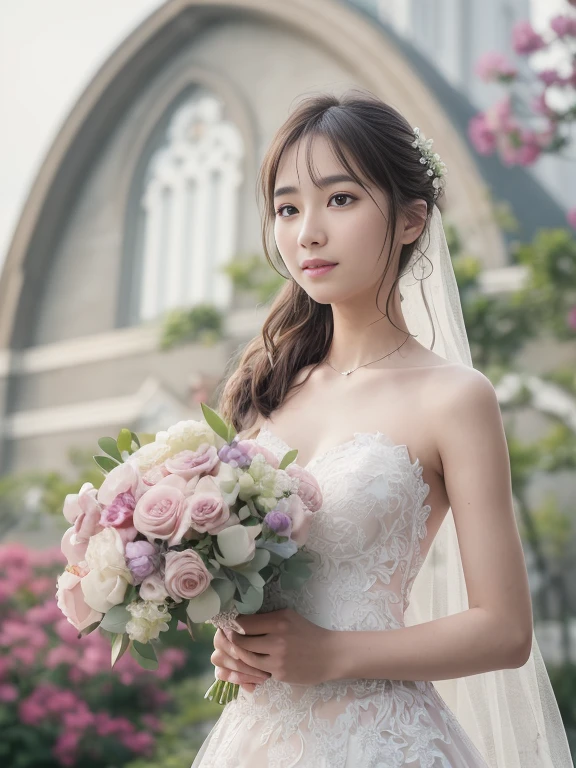 Photo-realistic quality、a woman in a Wedding dress holding a bouquet of flowers、Standing in front of the church、20 year old Japanese model、白のWedding dress,Hanae Mori style wedding dress、Japan idols at 20 years old、lace prom dresses、looking at the camera、Detailed and beautiful eyes、Cute smile、Relaxed and gentle expression、a close up of a woman in a Wedding dress holding a bouquet, Wedding dress, So magical and dreamy、Blur the background a lot、300mm Lens aperture F2.Shot at 8