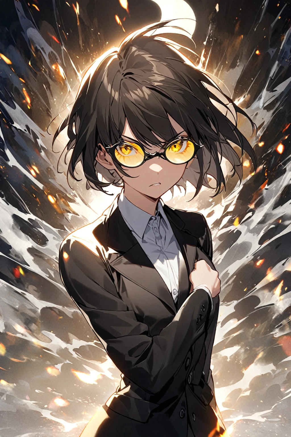 women, 26 years, tomboy, short hair hasta los hombros de color castaño claro con un flequillo mucho más largo que cubre el lado derecho de su rostro y ojos vacíos de color amarillo. He wears an elegant black male suit, half moon glasses, Shows an intimidating attitude and a sharp look, solo girl, Whole body, short hair.