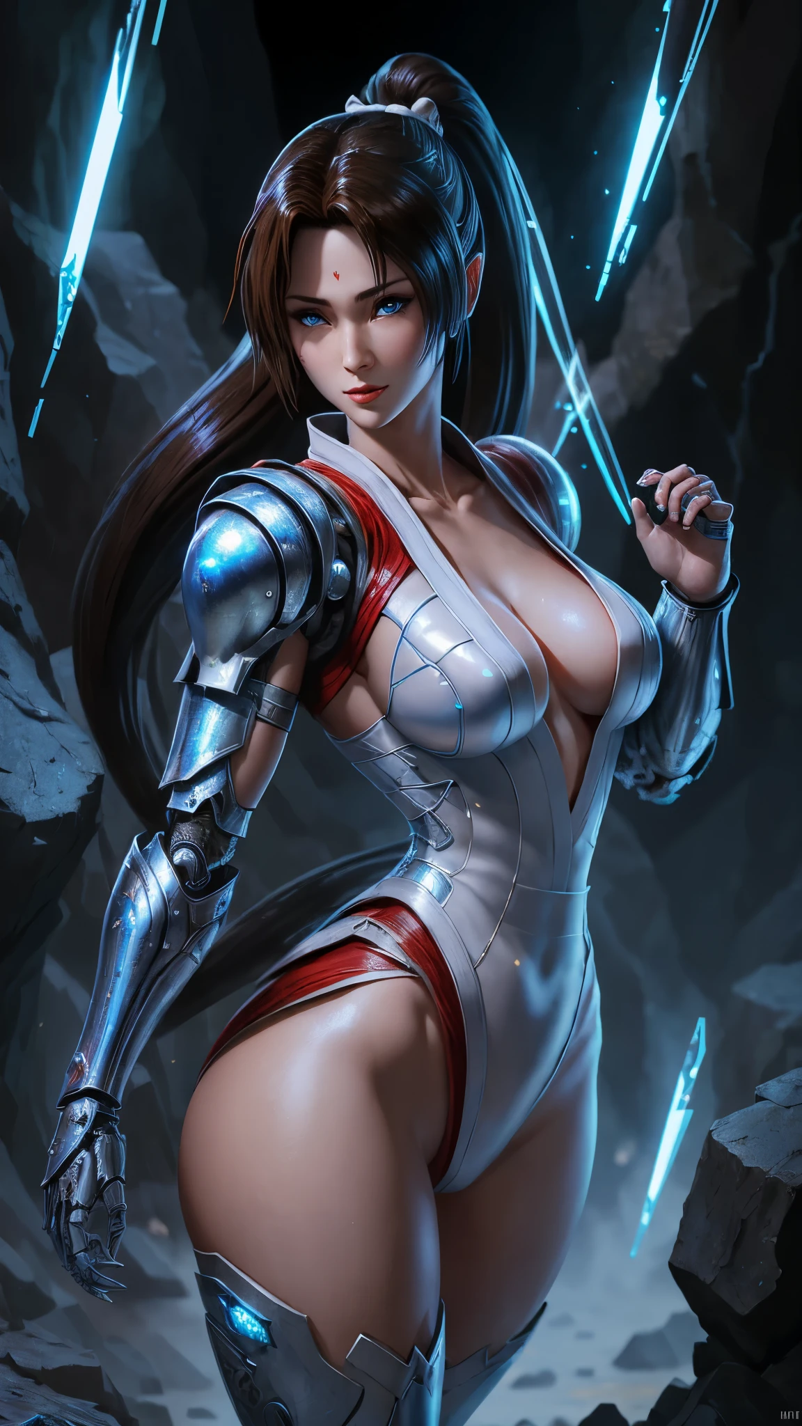 (La Best Quality,A high resolution,Ultra - detailed,actual),Mai Shiranui,( Mai Shiranui The King of Fighters:1.4 ), (Red dress/white similar to the one used by ninjas:1.4) ,(They added white flowers to her dress, as well as a black belt with yellow tones) .,(Dungeon Ruins Background Ruined Cave Cavern :1.4 ), Unreal Engine:1.4,UHD,The best quality:1.4, Photorealistic:1.4, skin texture:1.4, masterpiece:1.8, epic fantasy art style hd, 4K fantasy art, epic fantasy digital art style, epic fantasy art style, Fantasy Woman, epic fantasy art portrait, Epic fantasy style, hyperrealistic fantasy art, hd fantasy art, epic fantasy character art, epic fantasy art, in style of dark fantasy art, epic fantasy digital art, (cowboy pose :1.4), (cinematic lighting :1.4), (Mai Shiranui:1.4), (Mai Shiranui :V2.1), (face detailed :1.4), (perfect anatomy :1.4) (85mm f/1.4), More detailed 8K.Unreal Engine:1.4,UHD,La Best Quality:1.4, Photorealistic:1.4, skin texture:1.4, masterpiece:1.8,first work, Best Quality,object object], (detailed face features:1.3),(The correct proportions),(Beautiful blue eyes:1.4 ),  (cowboy pose:1.4 ), (perfect anatomy detallado :V2.1),( not mutations), (armadura white cyborg plastic transparent metallic ninjas :1.4),( plastic transparent ninjas armadura white :1.4), (dark ebony skin:1.4)