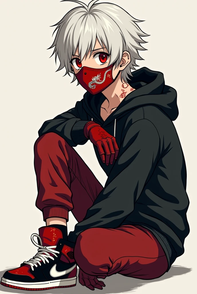Young boy of with eyes with crimson red pupils, white hair and the tips of his hair are crimson red, his hair reaches his shoulders, slightly stocky with somewhat noticeable muscles, he has quite a few scars all over his body due to his gift, he wears as clothing a black sweater with a hood, dark crimson red gloves, dark red pants, red, white and black sneakers, a mask that covers up to his dark crimson red nose with a drawing of a small Chinese dragon. Kohei Horikoshi's manga style