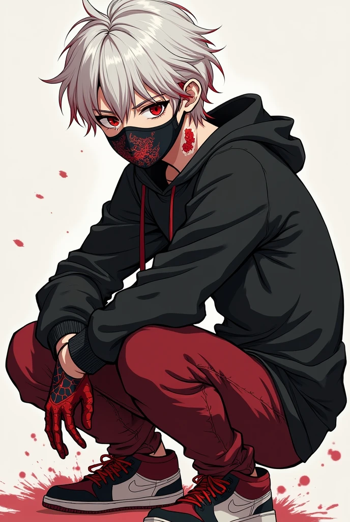 boy of 16 eyes with crimson red pupils, white hair and the tips of his hair are crimson red, his hair reaches his shoulders, slightly stocky with somewhat noticeable muscles, he has quite a few scars all over his body due to his gift, he wears as clothing a black sweater with a hood, dark crimson red gloves, dark red pants, red, white and black sneakers, a mask that covers up to his dark crimson red nose with a drawing of a small Chinese dragon. Kohei Horikoshi's manga style