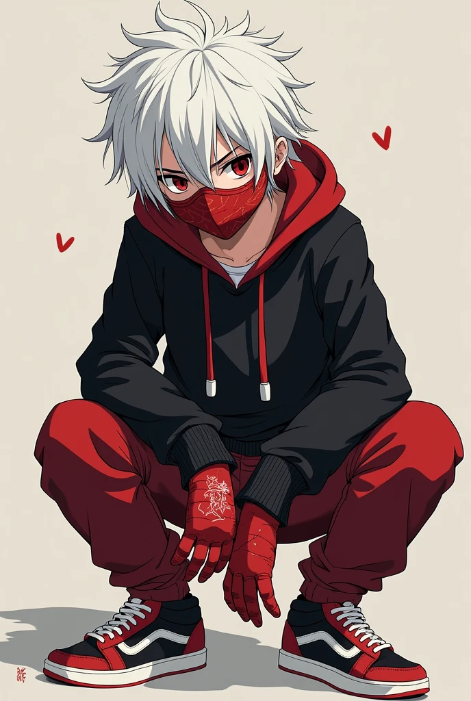 Young boy of 16 years old with eyes with crimson red pupils, white hair and the tips of his hair are crimson red, his hair reaches his shoulders, slightly stocky with somewhat noticeable muscles, he has quite a few scars all over his body due to his gift, he wears as clothing a black sweater with a hood, dark crimson red gloves, dark red pants, red, white and black sneakers, a mask that covers up to his dark crimson red nose with a drawing of a small Chinese dragon. Kohei Horikoshi's manga style