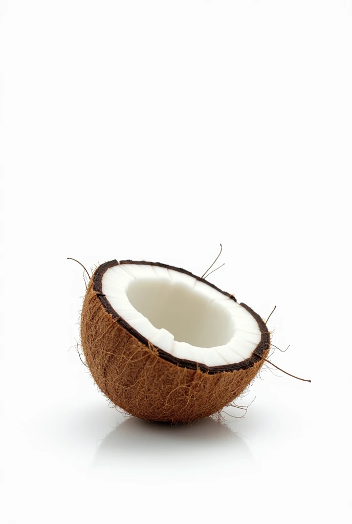 Image of a split coconut floating on a white background