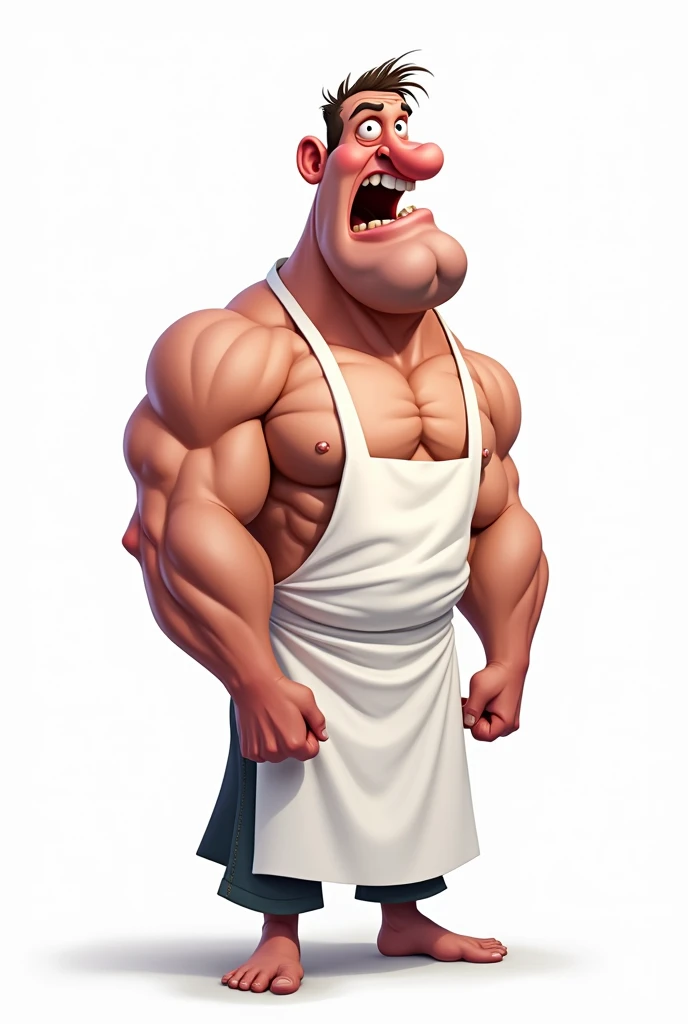 Caricature of  muscular man, nude, wearing a white apron, hot, shocked face, white background 