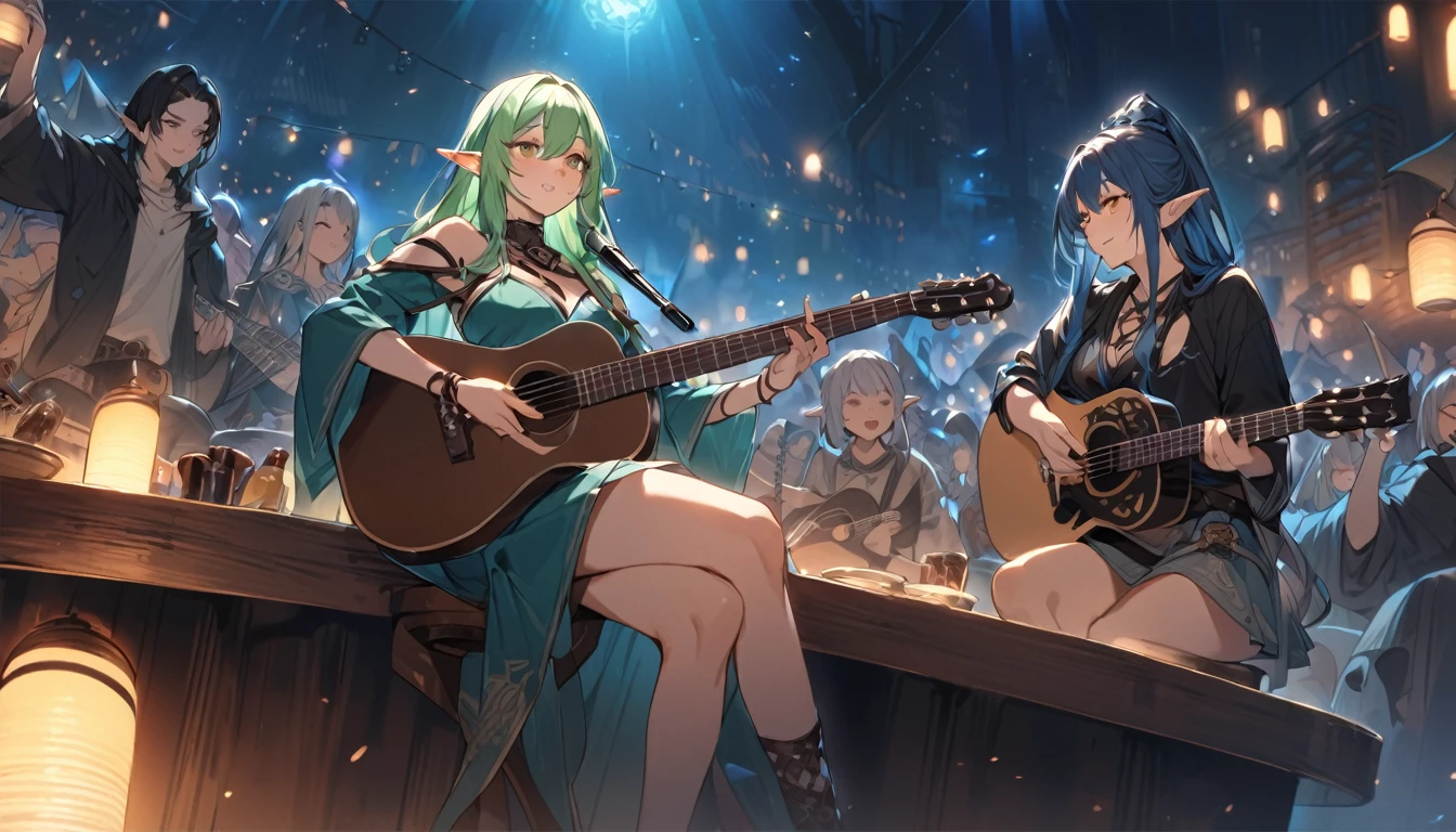 (Highest quality),Fantasy,Elf woman on the left,Elven wizard woman sitting on a bar stool and playing guitar、night,Celtic Music、There are a lot of people at the bar々