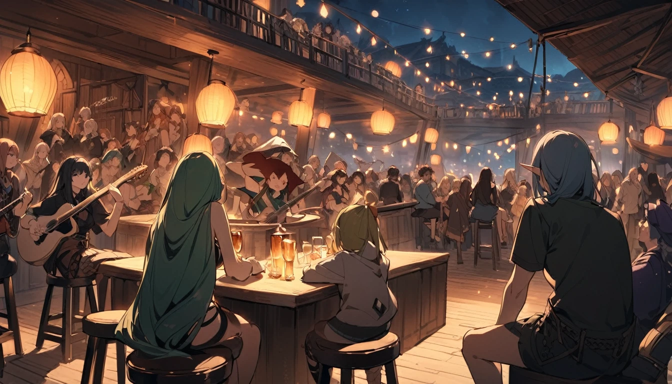 (Highest quality),Fantasy,Elf woman on the left,Elven wizard woman sitting on a bar stool and playing guitar、night,Celtic Music、There are a lot of people at the bar々