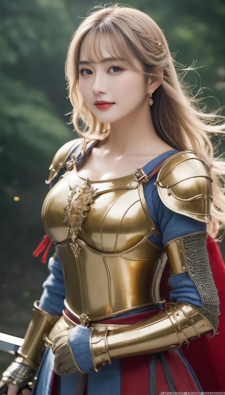 masterpiece,Highest quality,上位のknight,(女性knight_knight:1),(Gold Armor:1.3), (35歳の女性knight:1.3),、(((Big and ample breasts))) Big big cleavage、(((Big big big boobs))) ,Hyper Real,中世ヨーロッパのbattlefieldにいる,Beautiful smile、British women、Delicate skin texture to the smallest detail、Detailed blue eyes (Very large)、(Beautiful middle-aged woman)、(Fluffy long blonde hair)、Dense and dense skin texture、(((Very big boobs)))、女性knight、(((Big big cleavage)))、豪華に装飾されたGold Armor、Golden long boots with flashy decorations、Pure gold and jewellery necklaces and collars、Large gold earrings、Red lips、(((Dressed in gorgeous golden armor)))、Golden Long Globe、((She has a fancy long sword))、The sword is ornately decorated..........................、((The blade is crimson))、(女性knight)、(battlefield)、