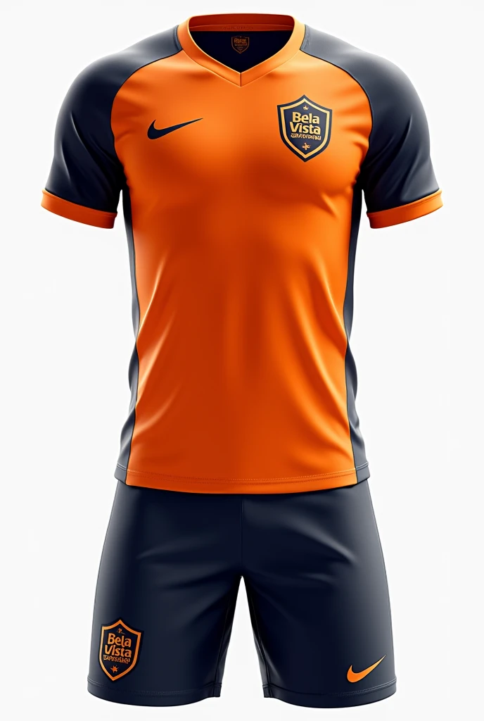 Custom soccer uniform in primary color orange, secondary color black and dark blue shorts with shield on the chest saying bela vista