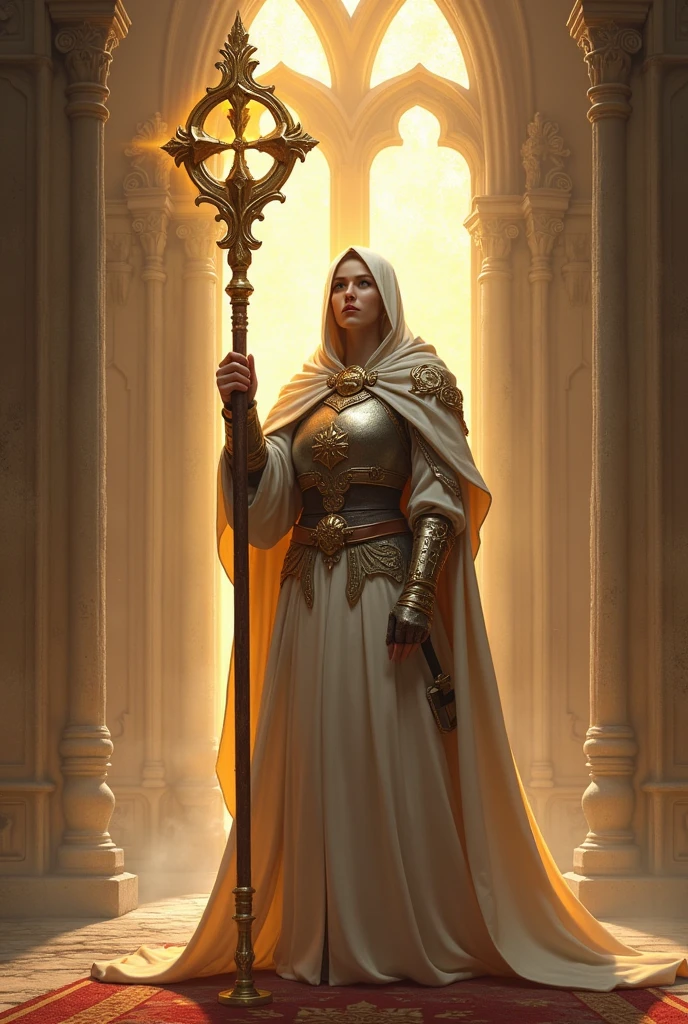 RPG Cleric with light Templar armor, with a small hammer and a staff with halos 