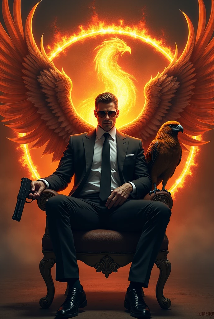 handsome gangster with phoenix wings holding a gun sitting on a chair with a phoenix bird on the side firebackground with sign of skyrio letter