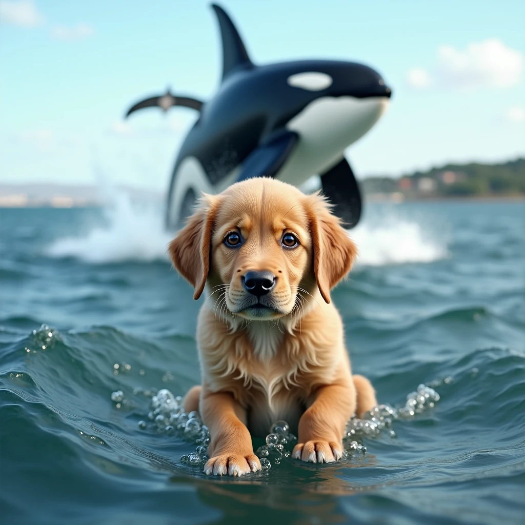 Create an image of a small, frightened golden retriever puppy in the ocean, with only its head and paws visible above the water. The puppy should have big, sad eyes and wet fur, conveying vulnerability. In the background, depict a large, detailed killer whale (orca) leaping out of the water, in sharp focus and appearing menacing. The scene should be set on a clear day with a distant coastline visible on the horizon. The water should be choppy, enhancing the sense of danger.