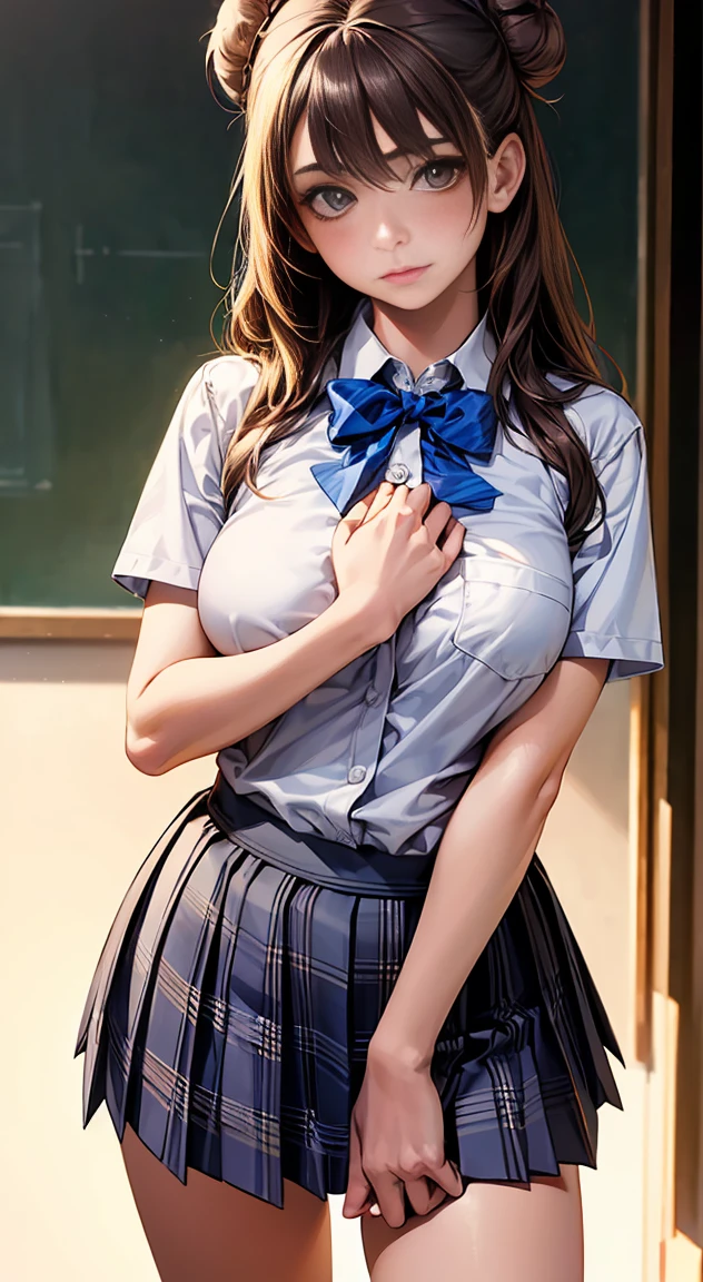 (masterpiece:1.2, Highest quality), (Realistic, photoRealistic:1.4), Beautiful illustrations, 
Looking at the audience, whole body, Front view:0.6, 
1 girl, Japanese, high School girl, (Long Hair:1.5), Hair fluttering, ((Hair Bun:1.5)), bangs, Hair between the eyes, Big Breasts:0.8, 
Beautiful Hair, Beautiful Face, Beautiful and detailed, Beautiful clavicle, Beautiful body, Beautiful breasts, Beautiful thighs, Beautiful legs, Beautiful fingers, 
(Beautiful views), , School,
((Collared short-sleeved shirt, White shirt, , Grey plaid pleated skirt, Blue checked bow tie)), White panties, 
(Are standing, , Lift up the skirt, Grab the hem of your skirt, please put your hand on your chest, Place your hands between your legs), 
blush, ,