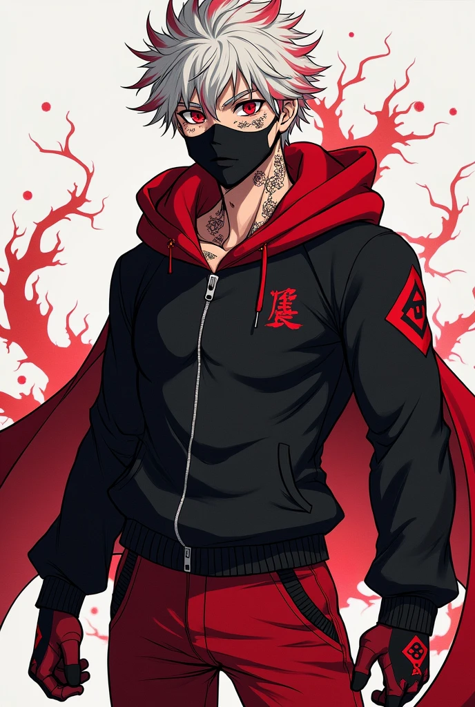 16 year old boy with eyes with crimson red pupils, white hair and the tips of his hair are crimson red, Her hair reaches her shoulders, stocky with notable or decent musculature, He has quite a few scars all over his body due to his gift., He wears a black hooded sweater as clothing, Dark crimson red gloves, dark red pants, red sneakers, black and white, a mask that covers up to his nose in a dark crimson red color with a drawing of a small Chinese dragon Kohei Horikoshi&#39;s manga style