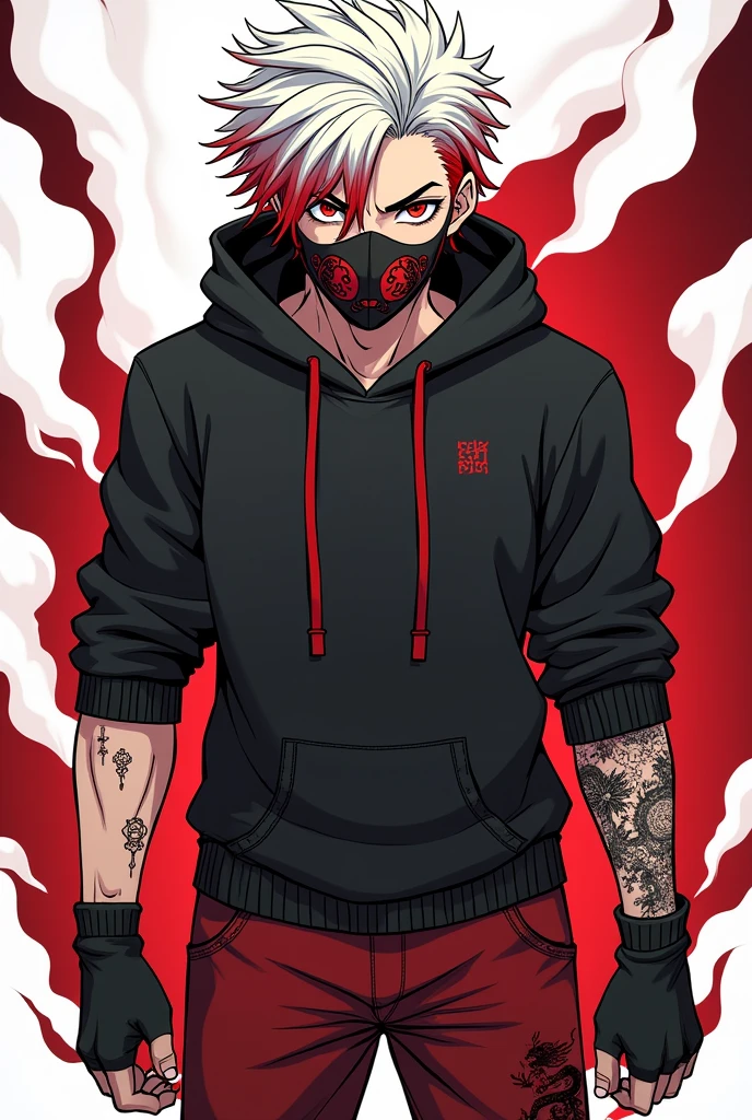  boy with eyes with crimson red pupils, white hair and the tips of his hair are crimson red, Her hair reaches her shoulders, stocky with notable or decent musculature, He has quite a few scars all over his body due to his gift., He wears a black hooded sweater as clothing, Dark crimson red gloves, dark red pants, red sneakers, black and white, a mask that covers up to his nose in a dark crimson red color with a drawing of a small Chinese dragon Kohei Horikoshi&#39;s manga style