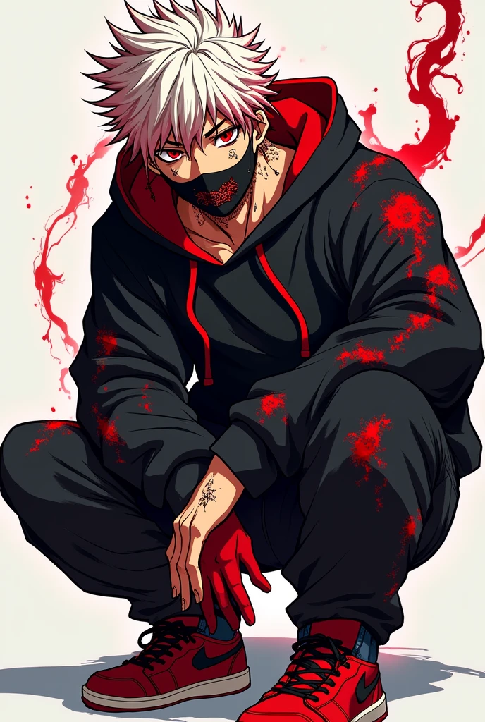 16 year old boy with eyes with crimson red pupils, white hair and the tips of his hair are crimson red, Her hair reaches her shoulders, stocky with notable or decent musculature, He has quite a few scars all over his body due to his gift., He wears a black hooded sweater as clothing, Dark crimson red gloves, dark red pants, red sneakers, black and white, a mask that covers up to his nose in a dark crimson red color with a drawing of a small Chinese dragon Kohei Horikoshi's manga style