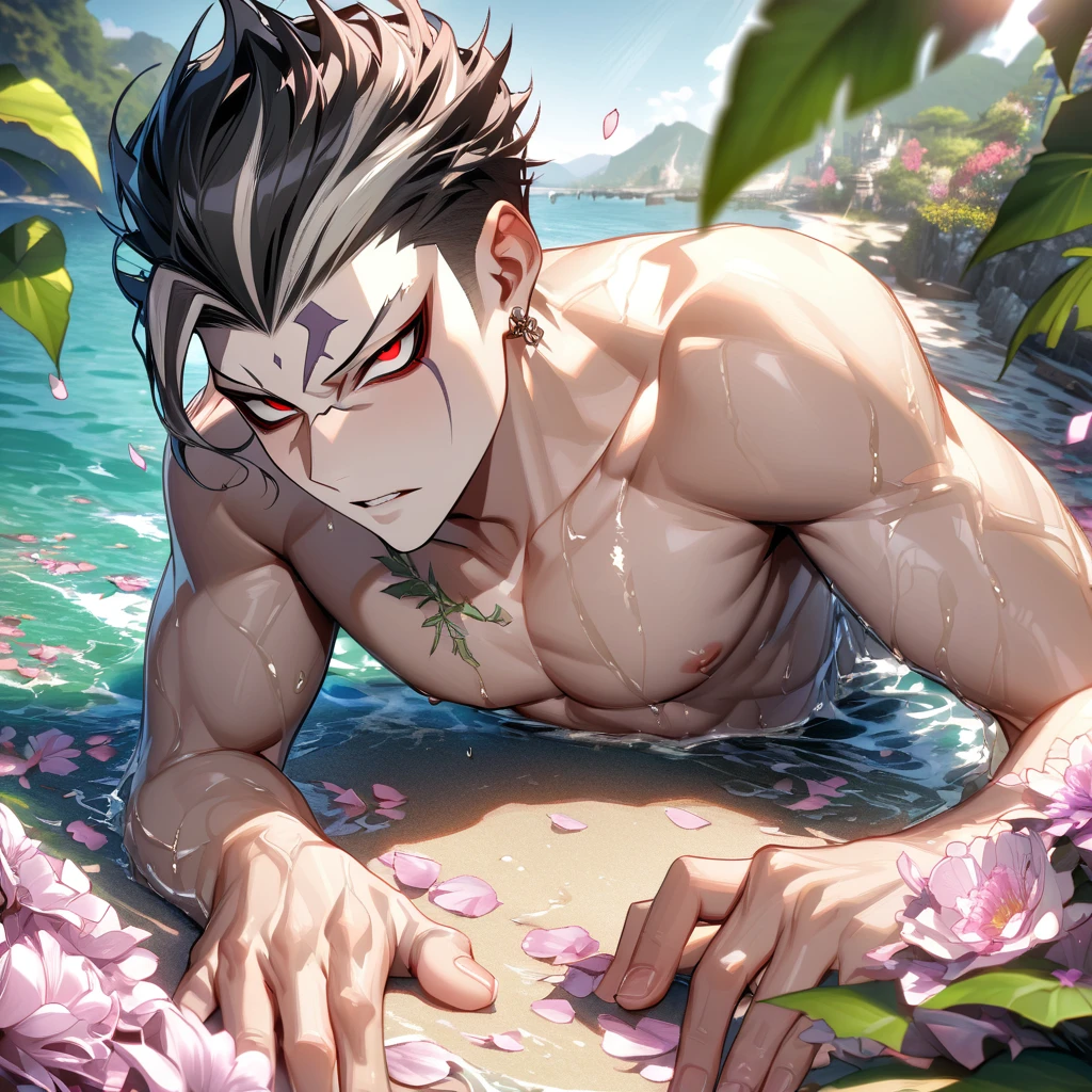 Ultra detailed, HDR, Highres, absurdres, master piece, Tanaka Gundham, black hair, expressive red eyes, without shirt, bare chest, toned chest, Danganropa, sexy man, handsome, flowers, petals, fantasy, magical, green leaves, handsome, best quality, glittering, sensual, horny, water, beach, solo,