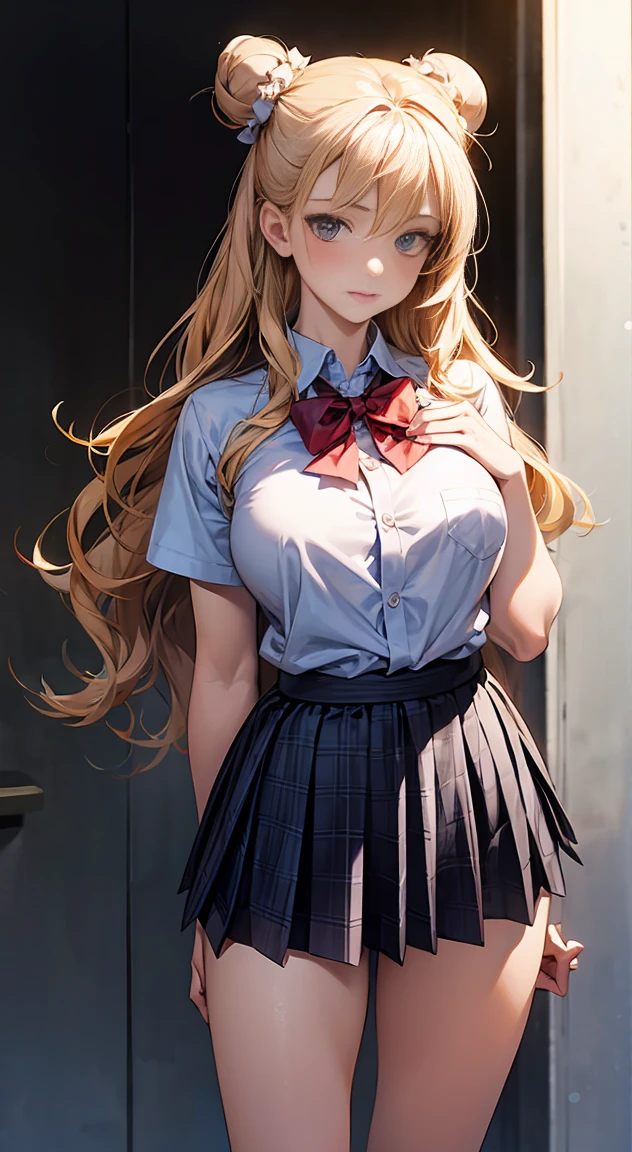 highest quality、High resolution、wavy blonde、red eyes、one cute girl、alone、anime、Wet and sheer white blouse、A glimpse of light blue underwear、Blouse with wide open chest、I didn&#39;t notice that my skirt came off、