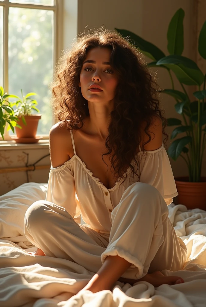 (photorealism:1.2), beautiful woman, sitting on bed, wearing loose off-shoulder top, pajama pants, long curly hair, indoors, soft lighting, plants in background, window with sunlight, cozy room, relaxed pose, realistic, intricate details, warm colors, by Greg Rutkowski, by Alphonse Mucha